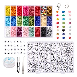 Mixed Color DIY Jewelry Set Kits, with Elastic Crystal Thread, Acrylic Letter Beads and Glass Seed Beads, Zinc Alloy Lobster Claw Clasps, Beading Tweezers and Sharp Steel Scissors, Mixed Color, 190x130x36mm