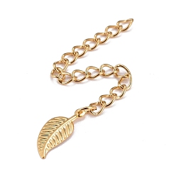 Golden 304 Stainless Steel Chain Extender, Curb Chain, with 202 Stainless Steel Charms, Leaf, Golden, 67mm, Link: 3.7x3x0.5mm, Leaf: 14x6x0.4mm
