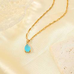 Светло-Голубой Модные латунные ожерелья с подвесками в виде слезы из стекла, золотые, Небесно-голубой, 15.75 дюйм (40 см)