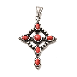Синтетическая Бирюза Окрашенные синтетические бирюзовые подвески, крест прелести, с 304 установками из нержавеющей стали, античное серебро, красные, 50x35x5.5 мм, отверстие : 7.5x3.5 мм