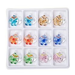 (52) Непрозрачная лаванда Подвески лэмпворк ручной работы, слон, со цветком внутри , разноцветные, 40x43x15 мм, отверстия: 6 мм, 12 шт / коробка