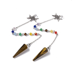Тигровый глаз Натуральный тигровый глаз с шестиугольным остроконечным конусом и биолокационным маятником, с круглыми бусинами из драгоценных камней чакры, латунь с платиновым покрытием, тройная богиня, пентаграмма и цепи, без кадмия и без свинца, 255 мм