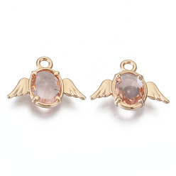 Розовый Граненые подвески стекла, с выводами настроек ламелей из сплава, без кадмия, без никеля и без свинца, ангел, золотой свет, туманная роза, 12x16x3 мм, отверстие : 1.6 мм