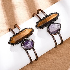 Тигровый глаз Браслеты с бусинами из натурального тигрового глаза и аметиста, браслеты-браслеты с латунными шарнирами для женщин, овальные, 1/2~1-3/4 дюйм (1.2~4.5 см), внутренний диаметр: 2-1/2x1-3/4 дюйм (6.3x4.4 см)