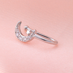 Луна Латунные микро-паве прозрачные кубические цирконии клипсы на носовые кольца, платина, луна, 12 мм, штифты : 0.6 мм