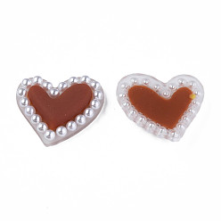 Saddle Brown Acrylic Cabochons, with ABS Plastic Imitation Pearl Beads, Heart, Saddle Brown, 21x24x5.5mm