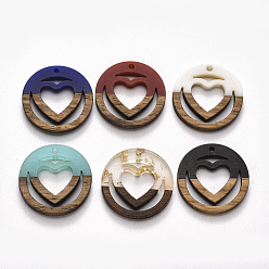 Mixed Color Resin & Walnut Wood Pendants, Ring with Heart, Mixed Color, 25x3mm, Hole: 1.8mm