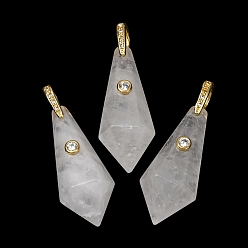 Cristal de cuarzo Colgantes europeos con cuentas de cristal de cuarzo natural, Grandes colgantes agujero, lágrima, con fornitura de latón dorado y circonita cúbica, 31.5~35x12~12.5x14 mm, agujero: 4~5.5x6 mm