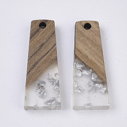 Silver Transparent Resin & Walnut Wood Pendants, with Silver Foil, Waxed, Trapezoid, Silver, 30x12x3.5mm, Hole: 2mm