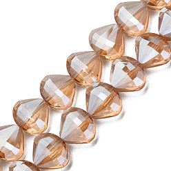 BurlyWood Electroplate Transparent Glass Beads Strands, Faceted, Teardrop, BurlyWood, 10.5x12x6.5mm, Hole: 1mm, about 60pcs/strand, 25.59 inch(65cm)