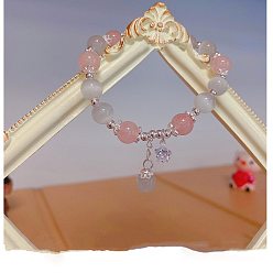 Розовый Кварц Браслеты с круглыми бусинами из звездного сплава с кошачьим глазом и натуральным розовым кварцем, платина, 7-1/8~8-5/8 дюйм (18~22 см)