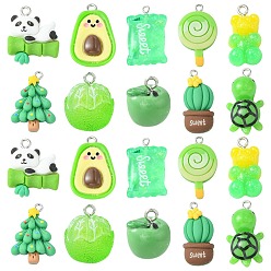 Зеленый 30 шт 10 стили подвески из непрозрачной смолы, прелести зеленой темы, черепаха и панда и конфеты и кактус, разнообразные, с платиновыми тоновыми железными петлями, зелёные, 15~29x12~19x6~10 мм, отверстие : 1.5 мм, 3 шт / стиль