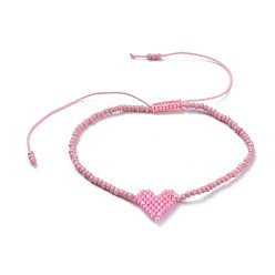 Pink Geflochtenen Perlen Armbänder, mit Glasperlen und geflochtenem Nylonfaden, Herz, rosa, 2-1/8 Zoll (5.5 cm)