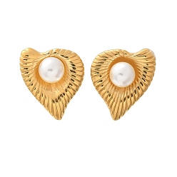 Золотой Сердце 304 нержавеющей стали серьги, с пластиковой жемчужины, ионное покрытие (ip), золотые, 29x25 мм