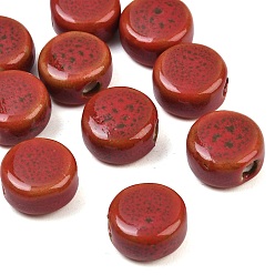 Dark Red Handmade Porcelain Beads, Fancy Antique Glazed Porcelain, Flat Round, Dark Red, 12x7mm, Hole: 3mm