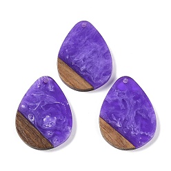 Сине-фиолетовый Подвески из смолы и дерева, слезинки, синий фиолетовый, 35.5x26.5x3 мм, отверстие : 2 мм