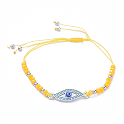 Gold Adjustable Nylon Thread Braided Bead Bracelets, with 201 Stainless Steel Beads, Glass Beads and Alloy Enamel Links, Evil Eye, Gold, Inner Diameter: 1-3/8 inch~3-1/4 inch(3.3~8.2cm)