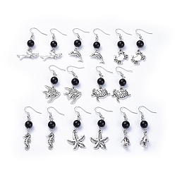Black Alloy Dangle Earrings, with Glass Beads and Brass Earring Hooks, Mixed Shapes, Black, 42~54mm, Pin: 0.6mm