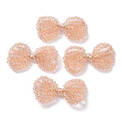 Light Salmon Copper Wire Wrapped Glass Beaded Bowknot Cabochons, Light Salmon, 24x41x5.5mm