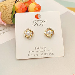 Square Alloy Rhinestone Stud Earrings, with Imitation Pearl Beads, Golden, Square