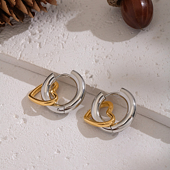 Настоящее золото 18K Двухцветные серьги-кольца из нержавеющей стали в форме сердца, вакуумное покрытие pvd, реальный 18 k позолоченный, 30x14.2 мм