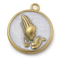 Белый 304 нержавеющей стальной эмали подвески, плоский круглый оберег с молящимися руками, белые, 18.5x16x2.5 мм, отверстие : 1.6 мм