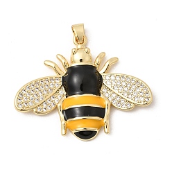 Настоящее золото 18K Латунные микропаве прозрачные подвески с фианитом, Подвески в виде пчел с черной и желтой эмалью., долговечный, стойки покрытие, без свинца и без кадмия, реальный 18 k позолоченный, 36.5x45x6 мм, отверстие : 6x4 мм