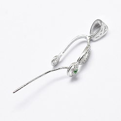 Platinum Anti-Tarnish Rhodium Plated 925 Sterling Silver Micro Pave Cubic Zirconia Pendant Bails, Ice Pick & Pinch Bails, Platinum, 16.5x4.5x21mm, Hole: 3x5mm, pin: 0.7mm