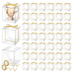 Square 50Pcs Folding Clear Plastic Gift Packaging Boxes, with 2 Rolls Glitter Metallic Ribbon, Square, 10x10x10cm