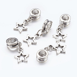 Antique Silver Alloy European Dangle Charms, Star, Antique Silver, 23mm, Hole: 5mm