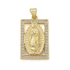 Настоящее золото 18K Латунные микро проложить кубического циркония подвески, прямоугольник с Девой Марией, долговечный, без свинца и без кадмия, реальный 18 k позолоченный, 27x16.5x3.5 мм, отверстие : 4.5x3.5 мм