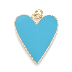Deep Sky Blue Brass Enamel Pendants, Cadmium Free & Lead Free, Real 18K Gold Plated, Long-Lasting Plated, Heart, Deep Sky Blue, 27x22x2mm, Hole: 3mm, jump rings: 5x1mm