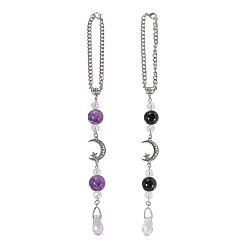 Платиновый & Цвет Нержавейки 2 шт. натуральный черный оникс и аметист и стекло подвеска для автомобильного зеркала заднего вида, с 304 цепями из нержавеющей стали, платины и нержавеющая сталь цвет, 213 мм