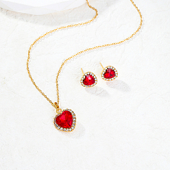 Golden Alloy Heart Stud Earring & Pendant Necklaces, Jewelry Set, Golden, Necklaces: 450mm; Earring: 12x12mm