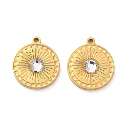 Настоящее золото 14K 304 прелести нержавеющей стали, со стеклом, плоские круглые прелести, реальный 14 k позолоченный, 14x12x2 мм, отверстие : 1.2 мм