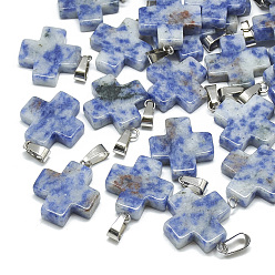 (306FM) Жонкиль матовый с лаймовой подкладкой Натуральные синие пятна яшмы подвески, с защелкой из нержавеющей стали на поручнях, крестик, 24~25x20~21x5~6 мм, отверстие : 6x4 мм