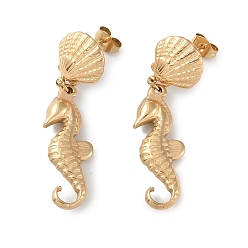 Real 18K Gold Plated Texture Sea Horse 304 Stainless Steel Dangle Earrings, Shell Shape Stud Earring for Women, Real 18K Gold Plated, 45x12.5mm