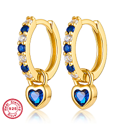 Синий Серьги-кольца из настоящего 18k позолоченного 925 стерлингового серебра, с печатью 925, сердце, синие, 14x4 мм