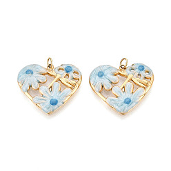 Светло-Голубой 304 нержавеющей стальной эмали подвески, Сердце со цветками , с целью перехода в кольце, ионное покрытие (ip), реальный 18 k позолоченный, Небесно-голубой, 19.5x22.5x2.5 мм, отверстие : 2.8 мм