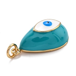 Dark Turquoise Brass Enamel Pendants, Real 18K Gold Plated, Long-Lasting Plated, Teardrop with Evil Eye, Dark Turquoise, 21x13x7mm, Hole: 3.6mm