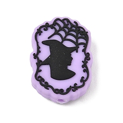 Andere Halloween-Silikonperlen, Fokalperlen, Flieder, Hexensilhouette mit Spinnennetz, 27.5x30x9.5 mm, Bohrung: 2 mm
