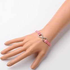 Pink Tibetan Style Alloy Infinity Link Bracelets, Faux Suede Cord with Alloy Lobster Claw Clasps and Iron Chains, Platinum and Antique Silver, Pink, 185x6mm