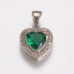 Платина Латунные микро проложить кубического циркония прелести, сердце, зелёные, платина, 14x12x5 мм, отверстие : 3x5 мм