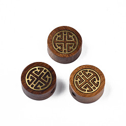 Sattelbraun Ungefärbte Naturholzperlen, mit rohen (unplattierten) Messingscheiben, Flachrund, Sattelbraun, 15x7 mm, Bohrung: 1.8 mm