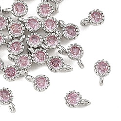 Pink SHEGRACE Brass Pave Cubic Zirconia Charms, Flat Round Charms, Single Stone Charms, Cadmium Free & Lead Free & Nickel Free, Long-Lasting Plated, Platinum, Pink, 6x4x3mm, Hole: 1mm