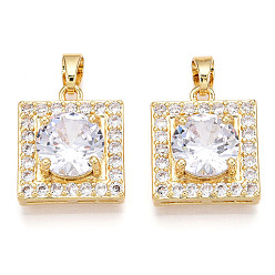 Настоящее золото 18K Латунные микро проложить кубического циркония подвески, без кадмия и без свинца, квадратных амулеты, реальный 18 k позолоченный, 19x16x7 мм, отверстие : 5.5x3.5 мм