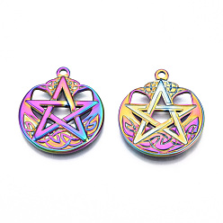 Rainbow Color Ионное покрытие (ip) 201 подвески из нержавеющей стали, плоские круглые со звездой, Радуга цветов, 29x25x2 мм, отверстие : 2 мм