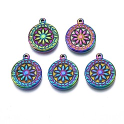 Rainbow Color Ионное покрытие (ip) 304 подвески из нержавеющей стали, плоские круглые с цветком, Радуга цветов, 18x15x2.5 мм, отверстие : 1.4 мм