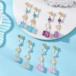 Смешанные камни 4 пары 201 серьги-гвоздики из нержавеющей стали, со смешанными каменных бус, звезда с солнцем, 50~56x13~14 мм