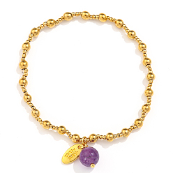 Аметист 304 эластичные браслеты из нержавеющей стали для женщин, с овальным шармом, покрытым 18k золотом, и бусиной из натурального аметиста, 7-1/8 дюйм (18 см)